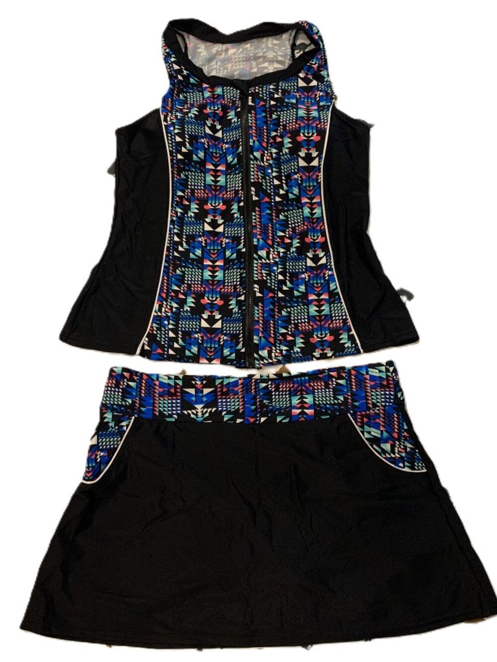 Geometric Print Zipper Front Tankini Set